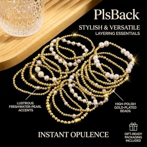 16 PCS Gold Bead Pearl Bracelet for Women, Gold Plated Beaded Strand Bead Ball Bracelets stack Adjustable Jewelry Set for Gifts
