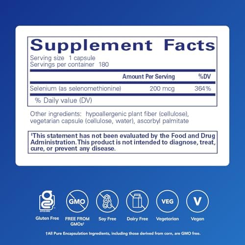 Pure Encapsulations Selenium - 200 mcg - for Healthy Cellular Function, Immune System & Antioxidant Defenses - Mineral Supplement - Vegan & Gluten Free - 180 Capsules