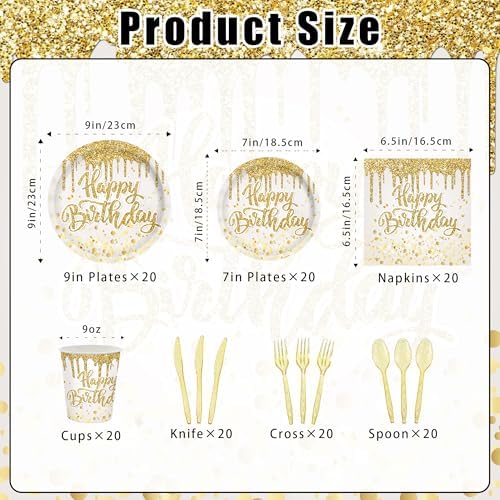 140Pcs Golden Happy Birthday Party Decorations White Gold Paper Plates Napkins Cups Tableware Set Women Men Birthday Themed Party Decor for 20 Guests