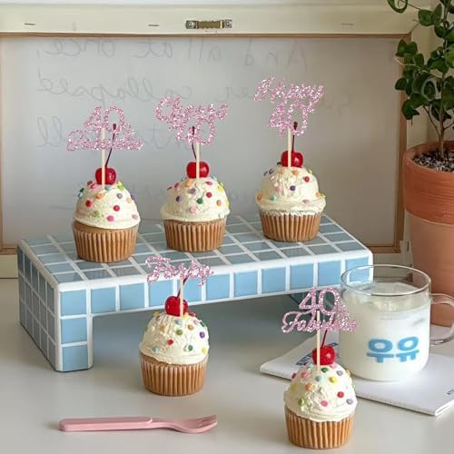 24Pcs 40th Birthday Cupcake Toppers Pink Glitter 40 Fabulous Cake Picks Cheers to 40 Years for Happy 40th Birthday Forty Wedding Anniversary Party Decoration Supplies