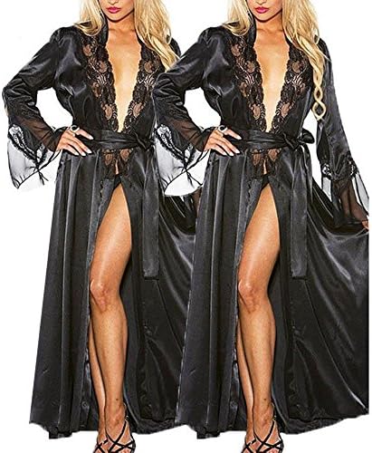 Generic Women's Lingerie Sexy Long Lingerie Kimono Bath Robe Sexy Dressing Gown Women Lace Silk