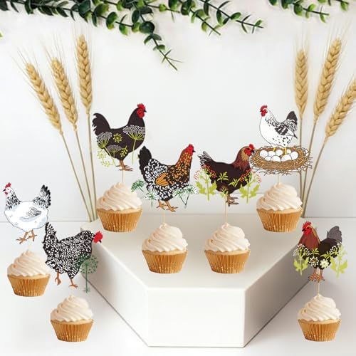 36Pcs Chicken Cupcake Toppers: Chicken Cake Decorations Chicken Party Decorations Chicken Birthday Decorations Farm Animal Cupcake Toppers