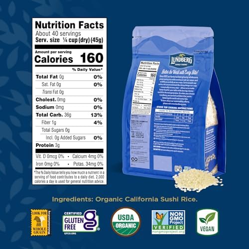 Lundberg Organic Sushi Rice, Sticky White Japanese-Style California-Grown Short Grains, 64 Oz