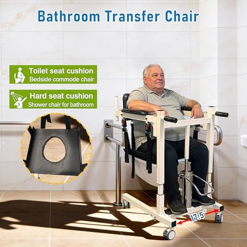 Patient Lift Transfer Chair, Hydraulic Alloy Transfer Chair for Seniors, Foldable & Portable with 32"–40" Lift Range, 300 lb Capacity, Dual Cushions for Toilet, Bed, Sofa, Wheelchair, and Car Use