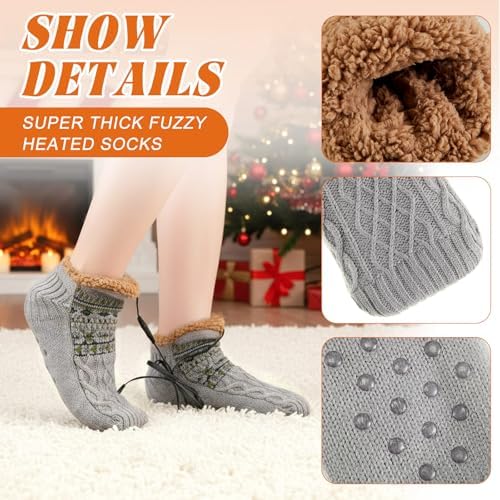 Electric Heated Fleece Socks for Men Women, Winter USB Heating Socks Foot Heater Anti-Slip Thermal Indoor Footwear Foot Warmer Fit for Women's 7.5-10.5 Men's 6-9