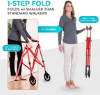 Stander Space Saver Walker, Lightweight Folding Rolling Mobility Aid for Seniors & Adults, Compact 2-Wheel Disability Device with 6-inch Wheels & Ski Glides for Walking Support, Sport Red