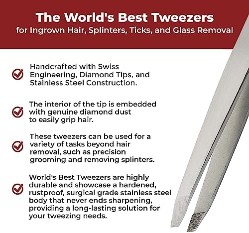 WBT Diamond Tip Tweezer- Grabs Hair from the Root, Diamond Coated Slant Tips Precision Tweezer for Eyebrow, Facial & Ingrown Hair Removal - Perfectly Aligned Tips Surgical Grade Steel Tool