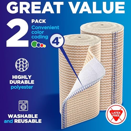 High-Performance Elastic Bandage Wrap - 4” (2pk) - Self-Closing Strong Compression Reusable Bandage Wrap for Leg, Ankles, Wrists, and Knees - for First Aid Kit and After Surgery Recovery - Latex Free