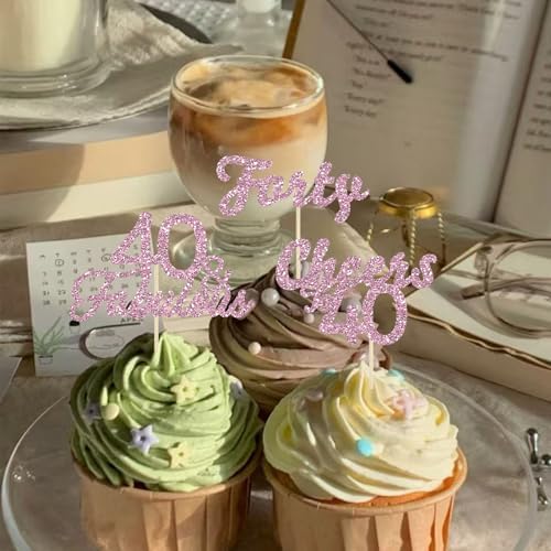 24Pcs 40th Birthday Cupcake Toppers Pink Glitter 40 Fabulous Cake Picks Cheers to 40 Years for Happy 40th Birthday Forty Wedding Anniversary Party Decoration Supplies