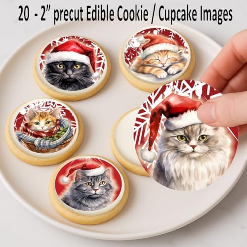 Cats in Santa Hats Christmas Cookie & Cupcake Edible Images – 20-2” Precut Holiday Toppers – Easy to Use