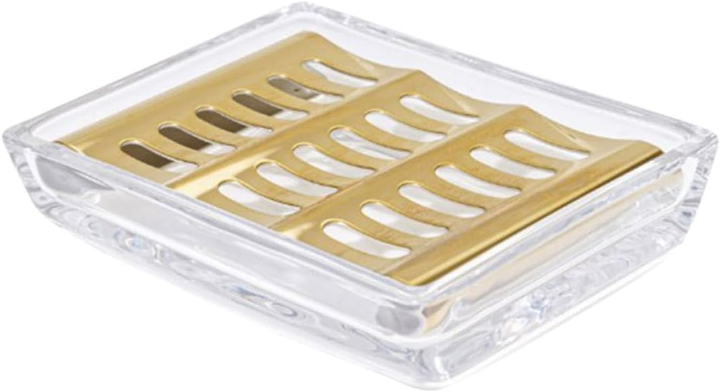 Cabilock Glass Soap Dish with Gold Stainless Steel Drain Tray, Bathroom Soap Saver and Sponge Holder for Shower, Kitchen Sink Counter Vanity Use