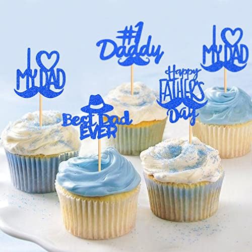 36Pcs Glitter Blue Happy Father's Day Cupcake Toppers I Love My Dad Cupcake Picks Daddy Food Picks for Dad's Birthday Party Decorations Happy Father's Day Party Cake Cupcake Decorations