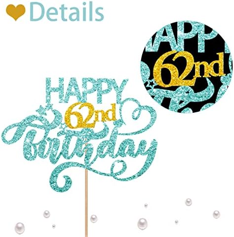Sky Blue Glitter Happy 62nd Birthday Cake Topper, 1 x 6.3" x 3.5" Sixty Two Years Old Birthday Party Cake Decor