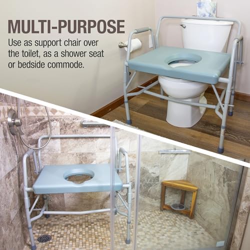 DMI Drop Arm Portable Toilet Commode, Extra-Wide Seat, 500 Pound Weight Capacity, Bucket with Lid Included, Adjustable Legs, Elderly Assistance Products, Grey