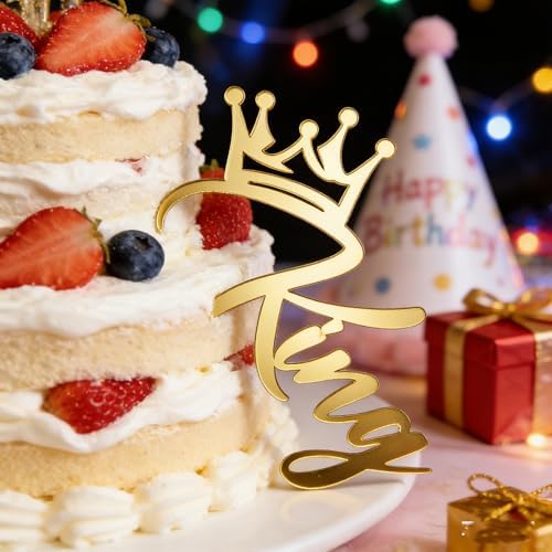 Birthday King Cake Topper,Acrylic Crown Design,Cupcake Toppers & Side Cake Decor,Birthday Cake Picks Party Decoration Supplies for Men Boy-3.94x2.55 Inch