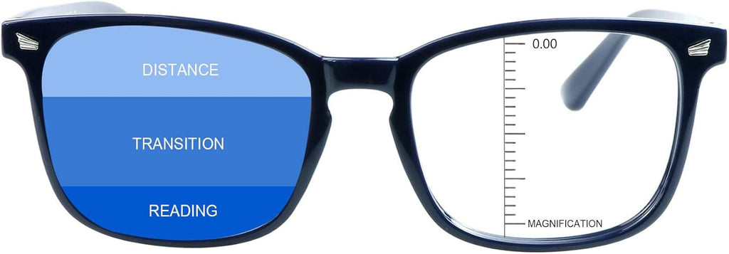 Vintage Square Progressive Multifocal Presbyopic Glasses, Blue Light Blocking Glasses for Men Women Readers (Navy, +0.00/+1.00 Magnification)