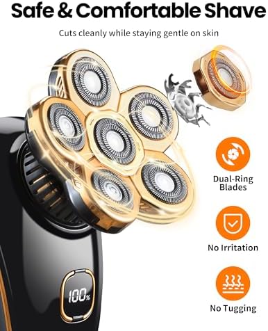 PRITECH Head Shavers for Bald Men, Type-C Charge Electric Razor with 6 Rotary Blades, Waterproof Shaving Grooming Kit, Turbo Speed & Precision Blades, LED Display & Detachable Blade Head(Black)