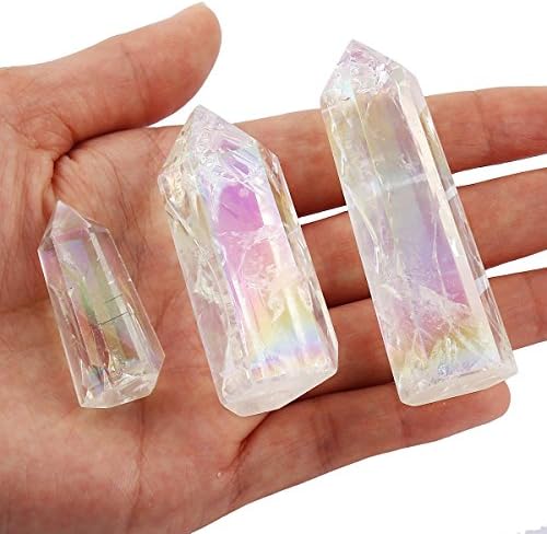 mookaitedecor Healing Crystal Wands 6 Faceted Single Point Reiki Chakra Meditation Home Decor,Angel Aura Quartz Titanium Coated