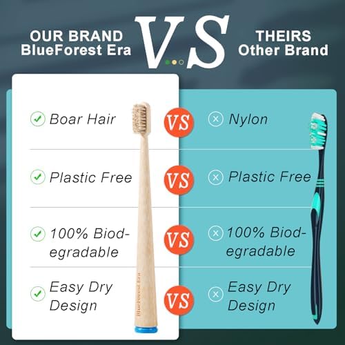 4 Pack Boar Bristle Bamboo Toothbrush, Premium Natural Toothbrushes for Adult, Plastic & Nylon Free, Biodegradable Organic Wooden Tooth Brushes