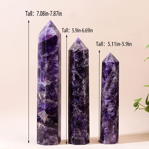 Large Natural Dream Amethyst Healing Crystal Wand 5.9-6.69" Natural Crystal Tower 6 Faceted Chakra Crystal Point Meditation Therapy Reiki Energy Stone Home Decor Collection Gift