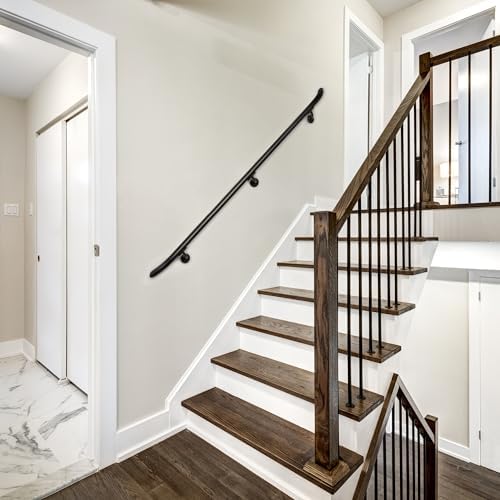 Complete Aluminum Handrail KIT for Indoor/Outdoor – Stylish Round Shape with Curved Ends. Includes Wall Mounts, Hardware, Ergonomic 1-3/8" Dia, ADA Returns (Black Textured, 3' Length)