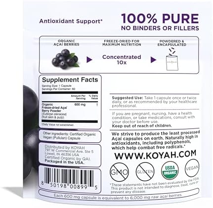 KOYAH - Organic Acai Capsules - Freeze-Dried, 600 mg, Vegan, Gluten-Free, Non-GMO. Antioxidant Support. 60 Capsules