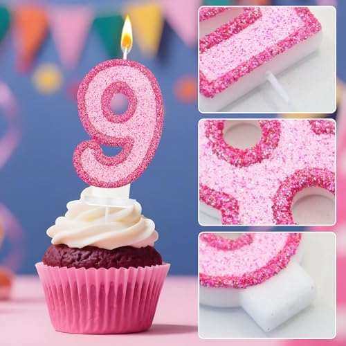 Pink Glitter Number Cake Candle, Sparkly Dual-Tone Pink Cake Topper for Decorative Display