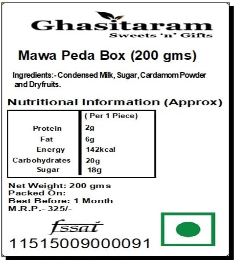 Ghasitaram Gifts Indian Sweets - Sugar Free Sweets - Ghasitarams Mawa Peda Box (200 gms)