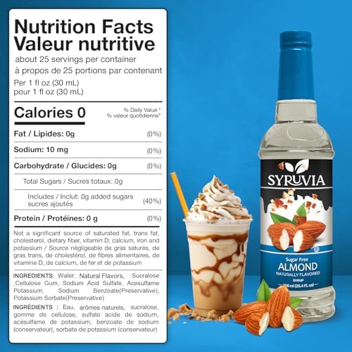 Syruvia Sugar Free Coffee Syrup, Almond Flavored Syrup for Drinks, Lattes, and Desserts – 25.4 fl oz