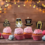 24 Pack Black Gold 2026 Happy New Year Cupcake Toppers in 8 Types Muffin Cake Toppers for New Years Eva Party Favor Supplies (Pattern-3)