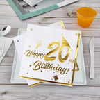 20th Birthday Napkins Gold Foil 40 Count Disposable Party Napkins for 20th Birthday Party 20Anniversary Celebration, 13 Inch White Dinner Napkins with "20th Birthday" Foil Printing
