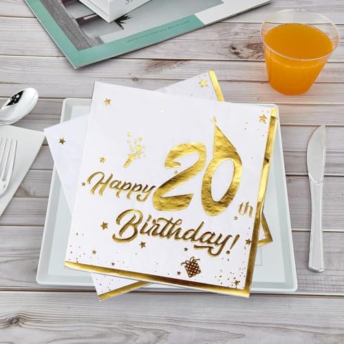 20th Birthday Napkins Gold Foil 40 Count Disposable Party Napkins for 20th Birthday Party 20Anniversary Celebration, 13 Inch White Dinner Napkins with "20th Birthday" Foil Printing