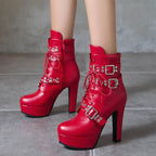 Women Studded Belt Buckle Chunky High Heel Ankle Boots Sexy Round Toe Lace-up Punk Combat Warm Platform Gothic Knight Mid Calf Booties