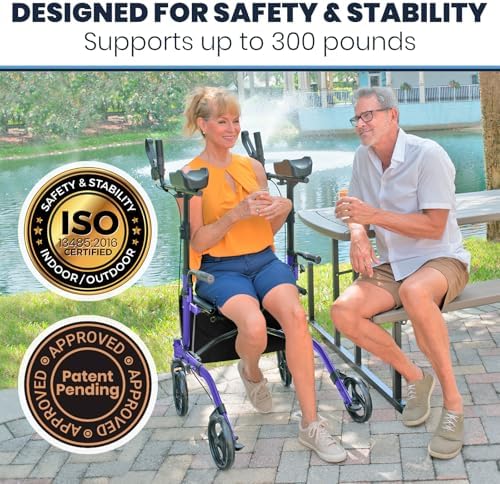 Vive Mobility Upright Walker with Seat - Stand Up Rollator, Arm Rests, Heavy Duty, Folding Medical Aid Scooter for Elderly, Seniors - Walking Assist, Foldable Transport Chair - 300 lb Capacity