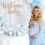 Welcome Baby Boy Cupcake Toppers - 36 Pcs Blue Baby Shower Cupcake Decorations for Boy, Gender Reveal Party Supplies, Little Bear Rocket Robot Baseball Baby Boy First Birthday Party Favors