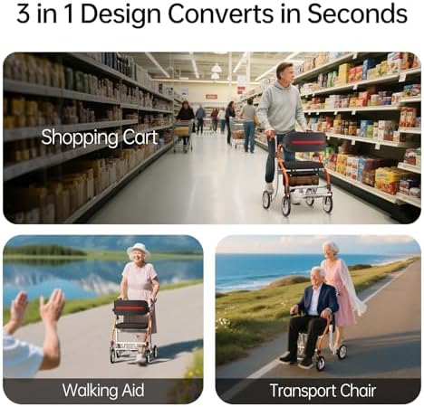2 in 1 Walker Wheelchair Combo, Foldable Rollator Walkers for Seniors with Seat, Lightweight Rolling Walker with Height Adjustable, Easy Storage & Travel Walker Chair, No Installation, Orange
