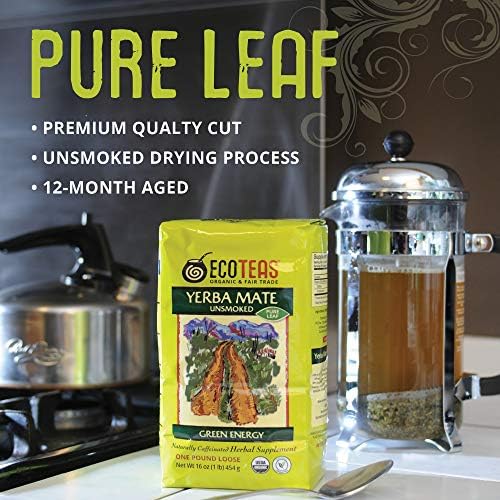 ECOTEAS Organic Yerba Mate Loose Leaf Tea – Natural Energy & Detox Herbal Tea – Caffeine Alternative - Kosher, Non-GMO, Gluten-Free - Unsmoked Pure Leaf from Argentina, 1 lb