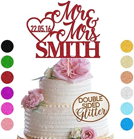 Personalized Wedding Cake Toppers, Double Sided Glitter Wedding Cake Topper With Any Name Date, Custom Gifts for Couple Newlyweds (Red)