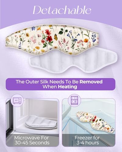 Silk Weighted Eye Mask - Microwave Eye Mask Heat and Cold Warm Compress for Sleeping Dry Eyes Pillow Soft Smooth Lavender Mulberry Silk Sleep Mask for Women Wife Mom - Flower