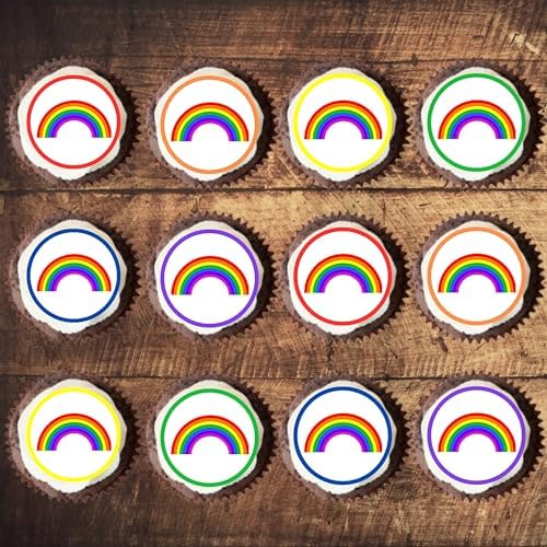 Rainbow Edible Cupcake Toppers, Pride Cupcake Decorations, Rainbow Gender Reveal Edible Cake Topper, Colourful Easter Decor for Cakes and Cookies 48 x 3cm / 1.18 inch UNCUT