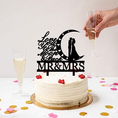 Love You To The Moon And Back Wedding Cake Topper Bridal Shower Theme Party Decorations Mr&Mrs Cake Topper For Wedding Anniversary Engagement Party Supplies