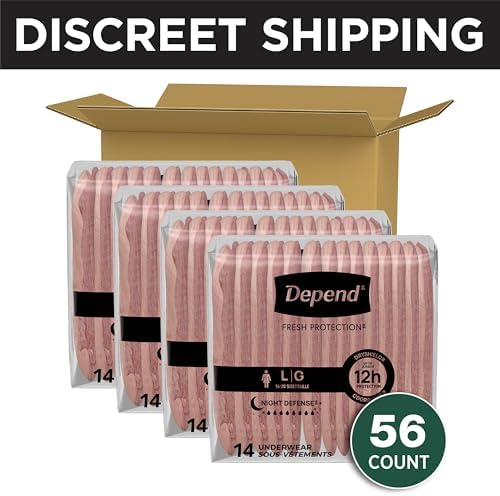 Depend Night Defense Adult Diapers, Incontinence & Postpartum Bladder Leak Underwear for Women, Disposable, Overnight, Large, Blush, 56 Count (4 Packs of 14), Packaging May Vary