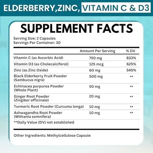 Elderberry Immune Support Supplement 8-in-1 Formula with Echinacea, Vitamin C & Zinc, Vitamin D 5000 IU, Turmeric, Ginger, Ashwagandha – 60 Capsules