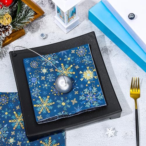 Whaline 80 Pack Winter Snowflake Paper Napkins Christmas Disposable Napkins Blue Gold Xmas Luncheon Dinner Napkins for Party Supplies Table Decor, 6.5 x 6.5 Inch