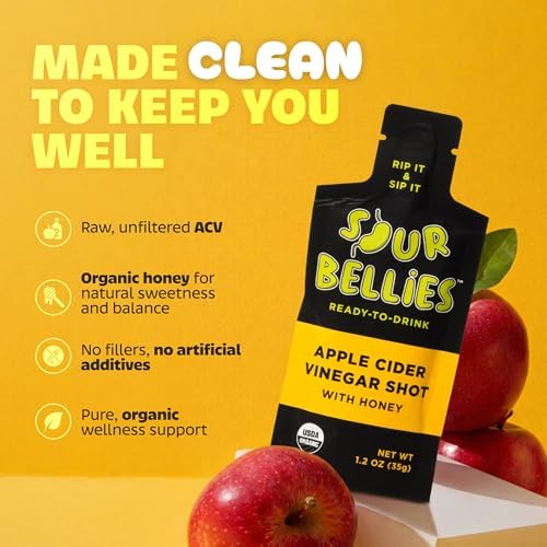 Sourbellies Organic Apple Cider Vinegar Shot for Digestion Support & Bloating Relief, Premixed with Water and Honey, Ready-to-Drink, On-The-Go Wellness Shot, Gut Health, 1 oz (Pack of 12)