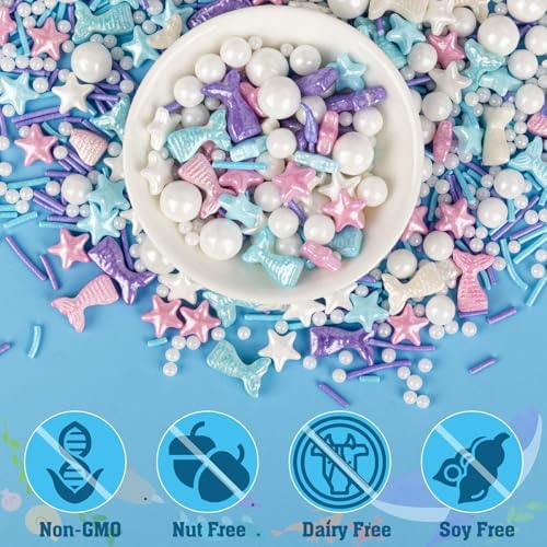 Twisweet Mermaid Sprinkles, Edible Pearl Stars Sprinkles for Cake Decorating, Mix Baking Candy, Ocean Theme Cake Topper Cupcake Cookie Ice Cream Decorations, Birthday Children's Summer Party Supplies (130g/4.58oz)
