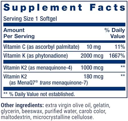 Life Extension Super K, Vitamin K Supplement, 2000 Mcg Vitamin K and 1180 Mcg Vitamin K2, Heart Health, Once-Daily, 90 Softgels