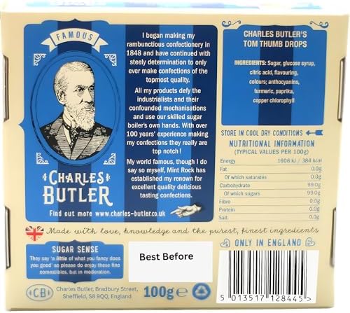 Charles Butler Tom Thumb Drops 100g (3.5oz) | Handmade Fruity Flavor Mini Humbug Candy | British Retro Hard Candy Drops | Old Fashioned English Hard Boiled Sweets Gift Box | UK Confectionery