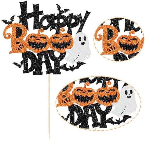 1Pcs Happy Boo Day Cake Topper - Glitter Little Boo Halloween Party Decoration - Spooky Bat Cake Pick for Ghost Halloween Theme Baby Shower Kids Birthday Party