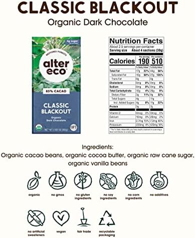 Alter Eco | Classic Blackout | 85% Pure Dark Cocoa, Fair Trade, Organic, Non-GMO, Gluten Free Dark Chocolate Bar, 4 Bars